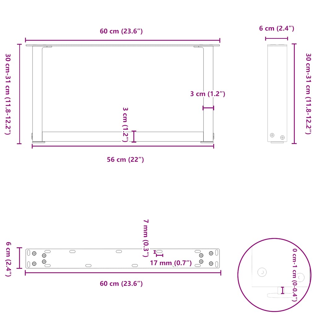 vidaXL Couchtischbeine U-Form 2 Stk. Anthrazit 60x(30-31) cm Stahl