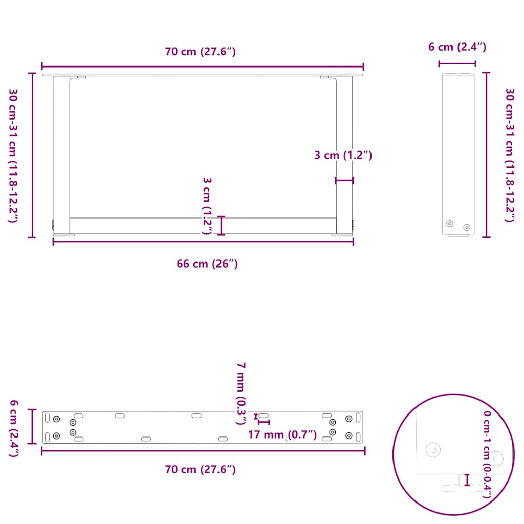 vidaXL Couchtischbeine U-Form 2 Stk. Weiß 70x(30-31) cm Stahl