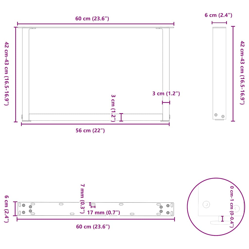 vidaXL Couchtischbeine U-Form 2 Stk. Anthrazit 60x(42-43) cm Stahl
