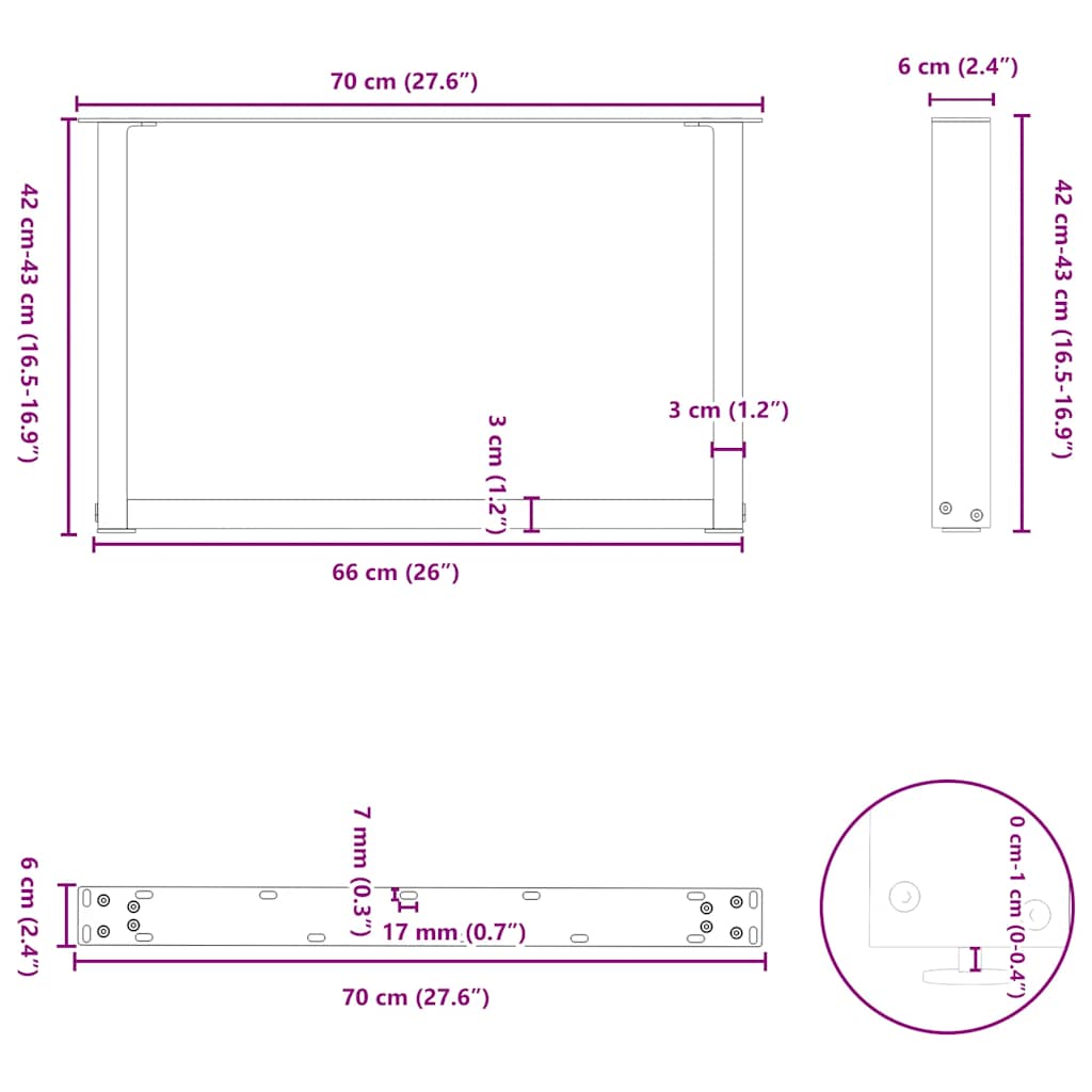 vidaXL Couchtischbeine U-Form 2 Stk. Naturstahl 70x(42-43) cm Stahl
