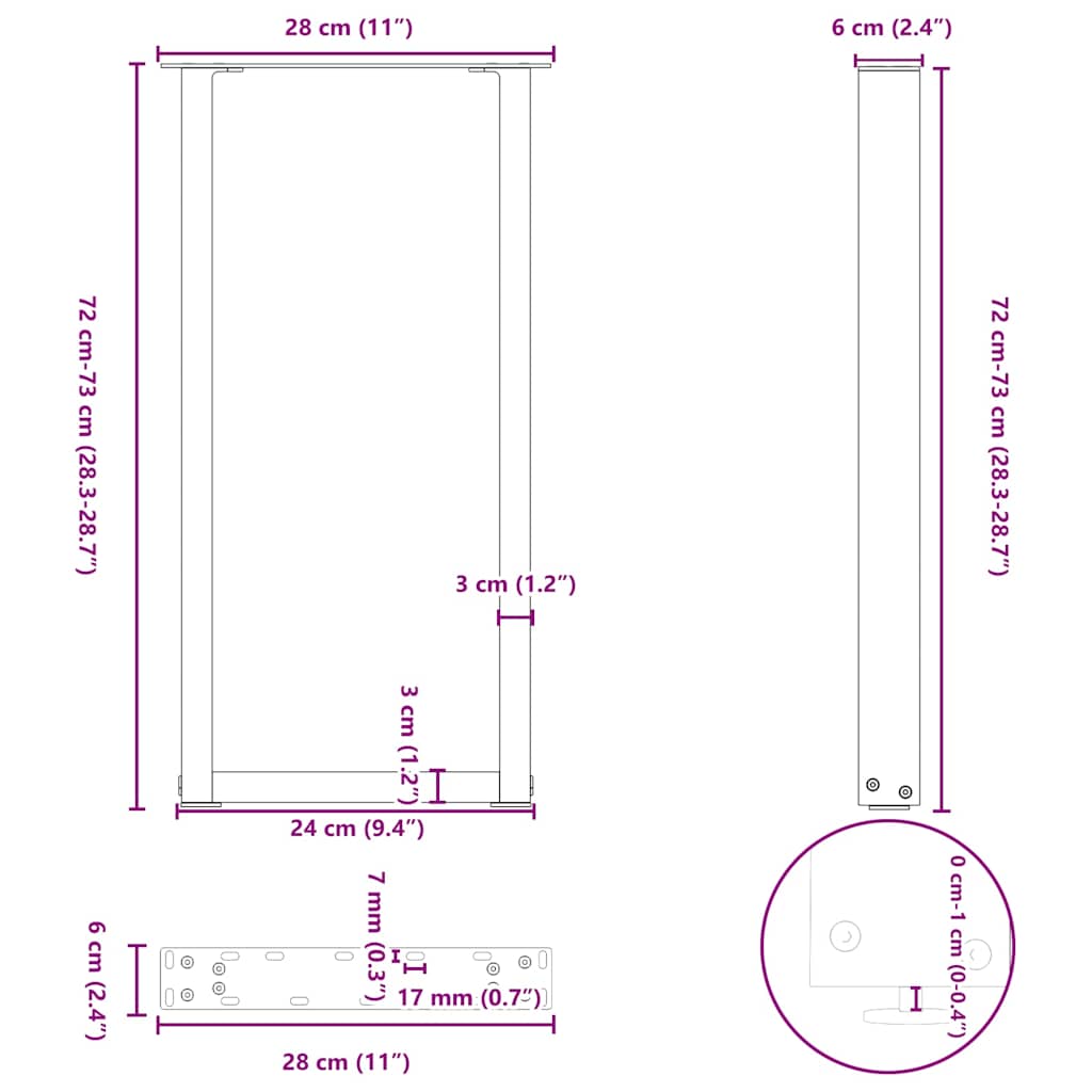 vidaXL Konsolentischbeine U-Form 2 Stk. Schwarz 28x(72-73) cm Stahl