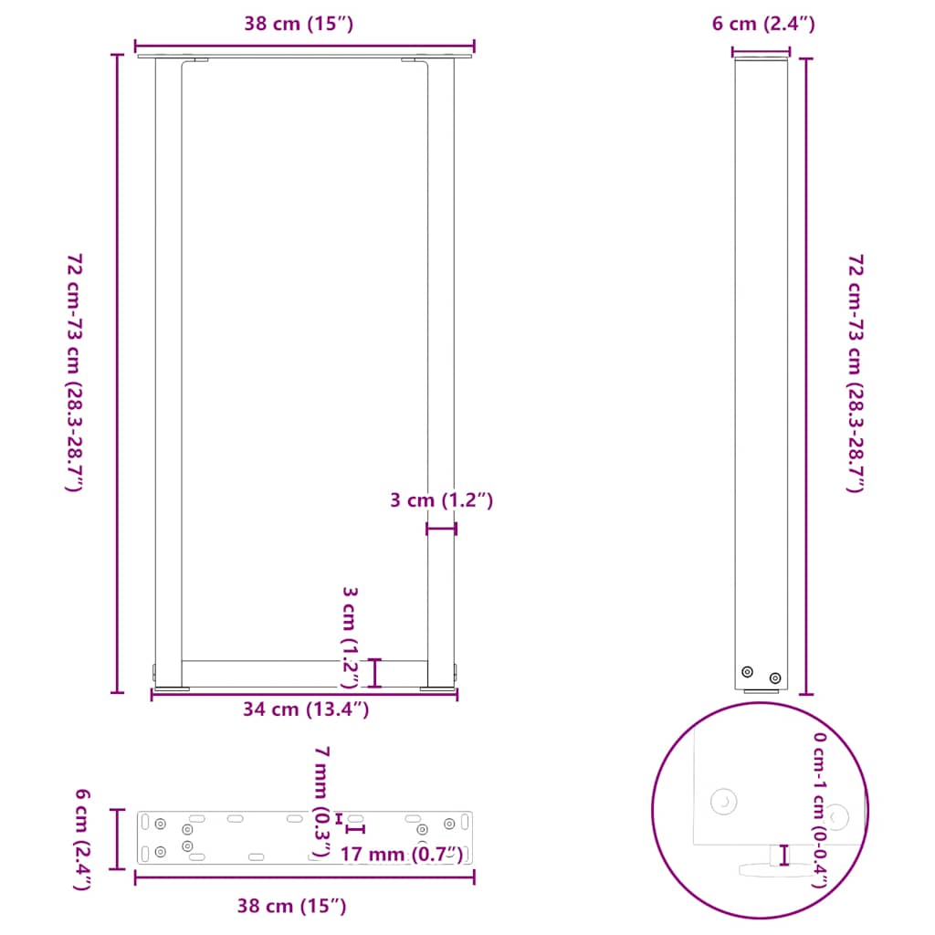vidaXL Konsolentischbeine U-Form 2 Stk. Naturstahl 38x(72-73) cm Stahl
