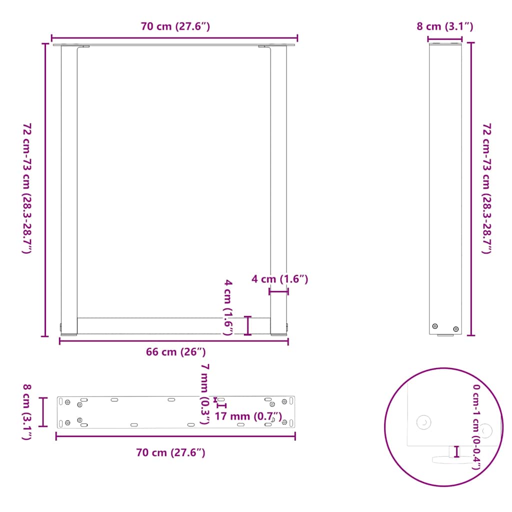 vidaXL Esstischbeine U-Form 2 Stk. Naturstahl 70x(72-73) cm Stahl