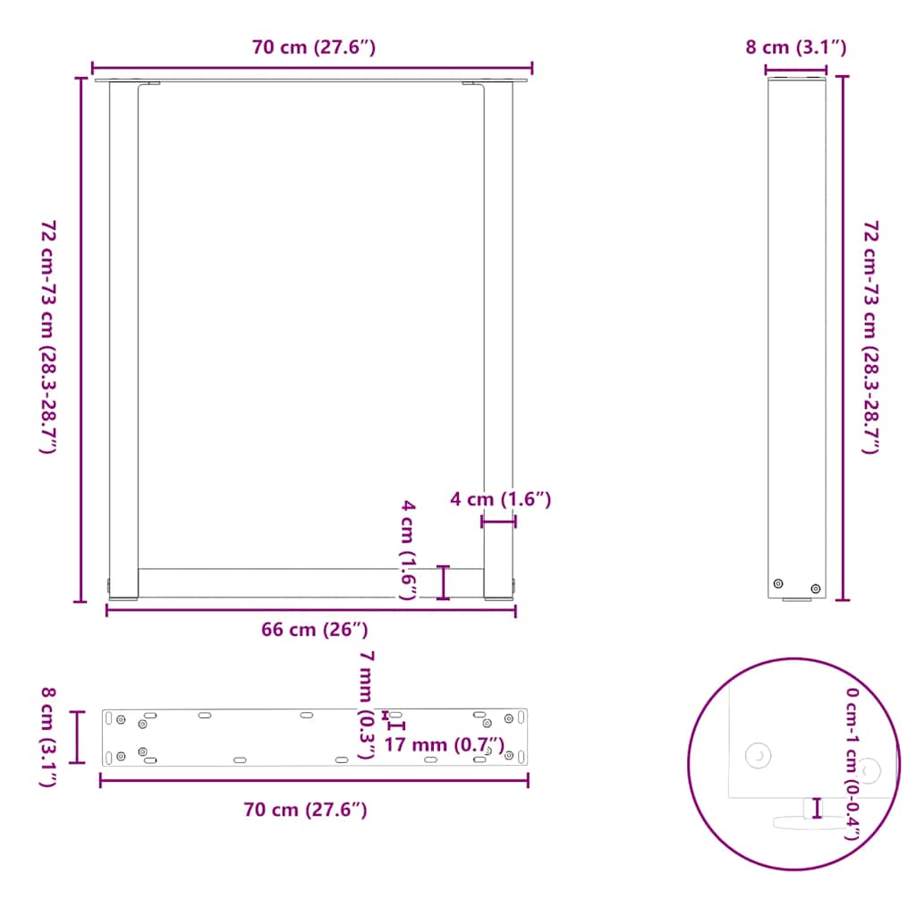 vidaXL Esstischbeine U-Form 3 Stk. Naturstahl 70x(72-73) cm Stahl