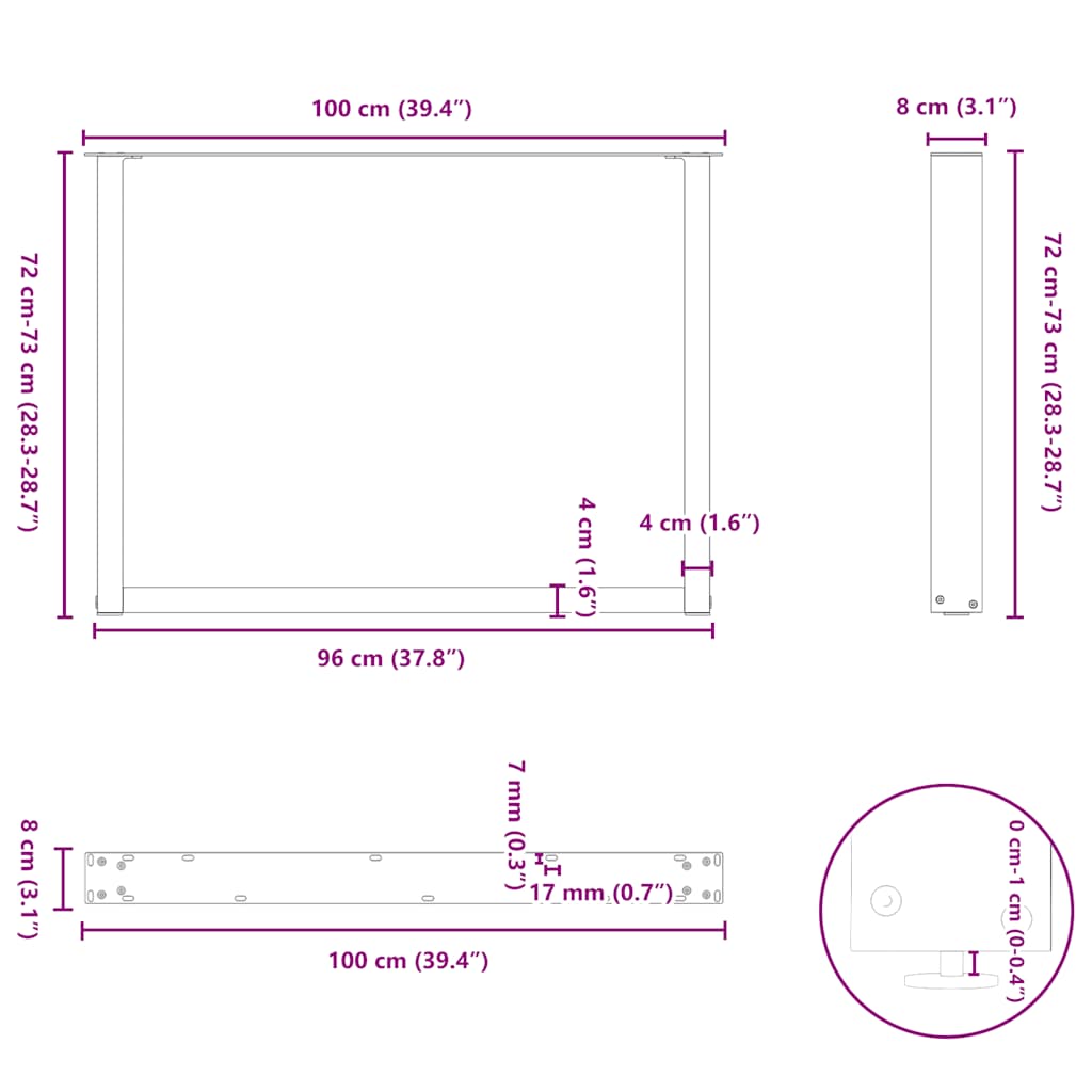 vidaXL Esstischbeine U-Form 3 Stk. Anthrazit 100x(72-73) cm Stahl