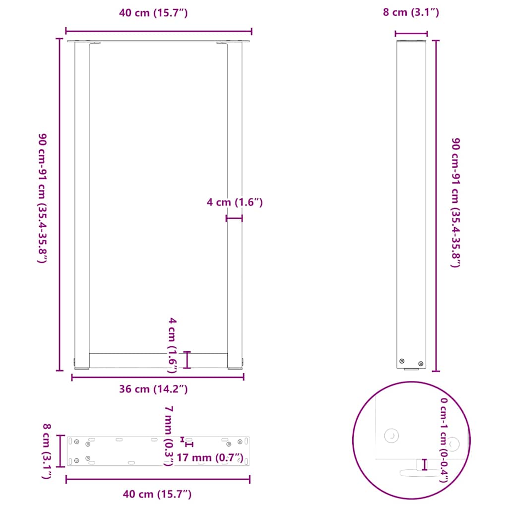 vidaXL Bartischbeine U-Form 2 Stk. Naturstahl 50x(90-91) cm Stahl