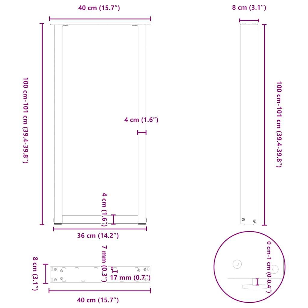 vidaXL Bartischbeine U-Form 2 Stk. Anthrazit 40x(100-101) cm Stahl