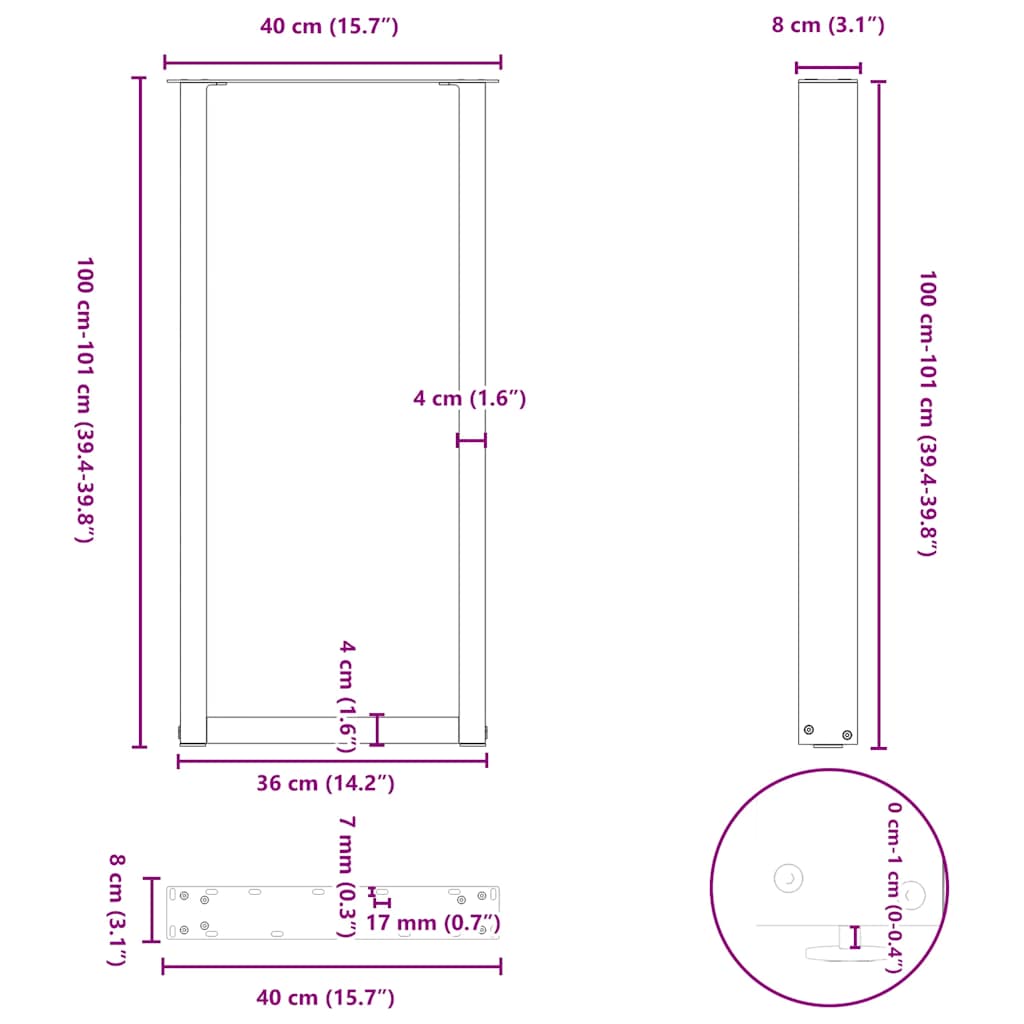 vidaXL Bartischbeine U-Form 2 Stk. Naturstahl 40x(100-101) cm Stahl