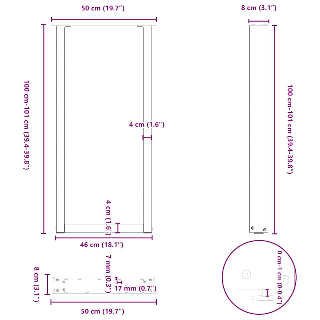 vidaXL Bartischbeine U-Form 2 Stk. Schwarz 50x(100-101) cm Stahl