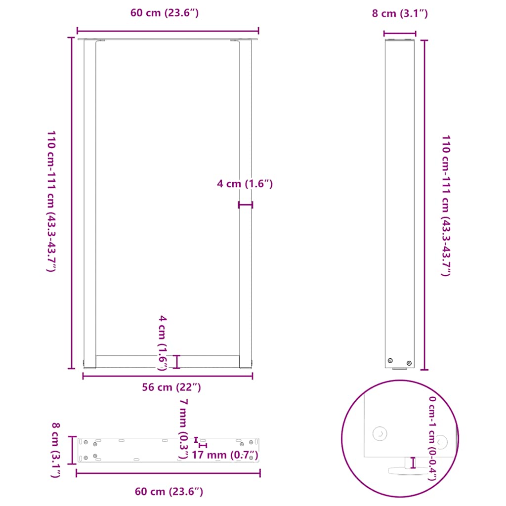 vidaXL Bartischbeine U-Form 2 Stk. Weiß 60x(110-111) cm Stahl