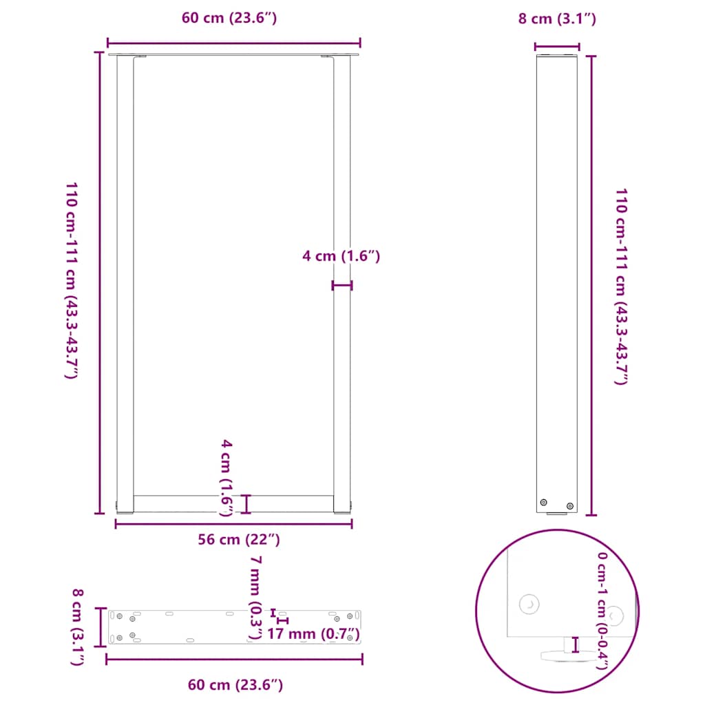 vidaXL Bartischbeine U-Form 2 Stk. Anthrazit 60x(110-111) cm Stahl