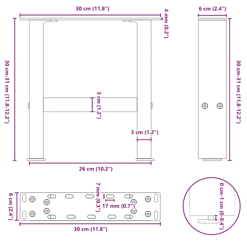 vidaXL Couchtischbeine Schwarz 2 Stk. 30x(30-31) cm Stahl