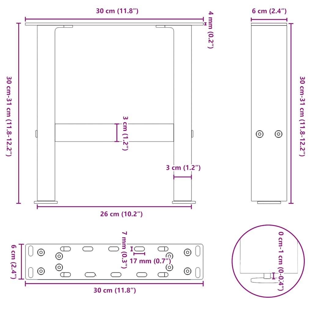 vidaXL Pieds de table basse Blanc 2 pcs 30x(30-31) cm Acier