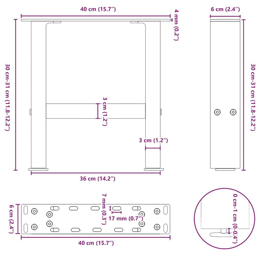 vidaXL Couchtischbeine Weiß 2 Stk. 40x(30-31) cm Stahl