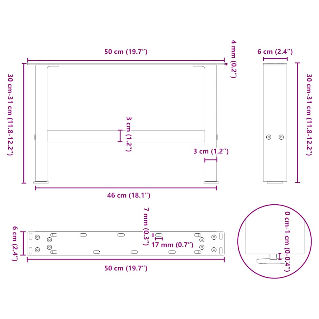 vidaXL Couchtischbeine Weiß 2 Stk. 50x(30-31) cm Stahl