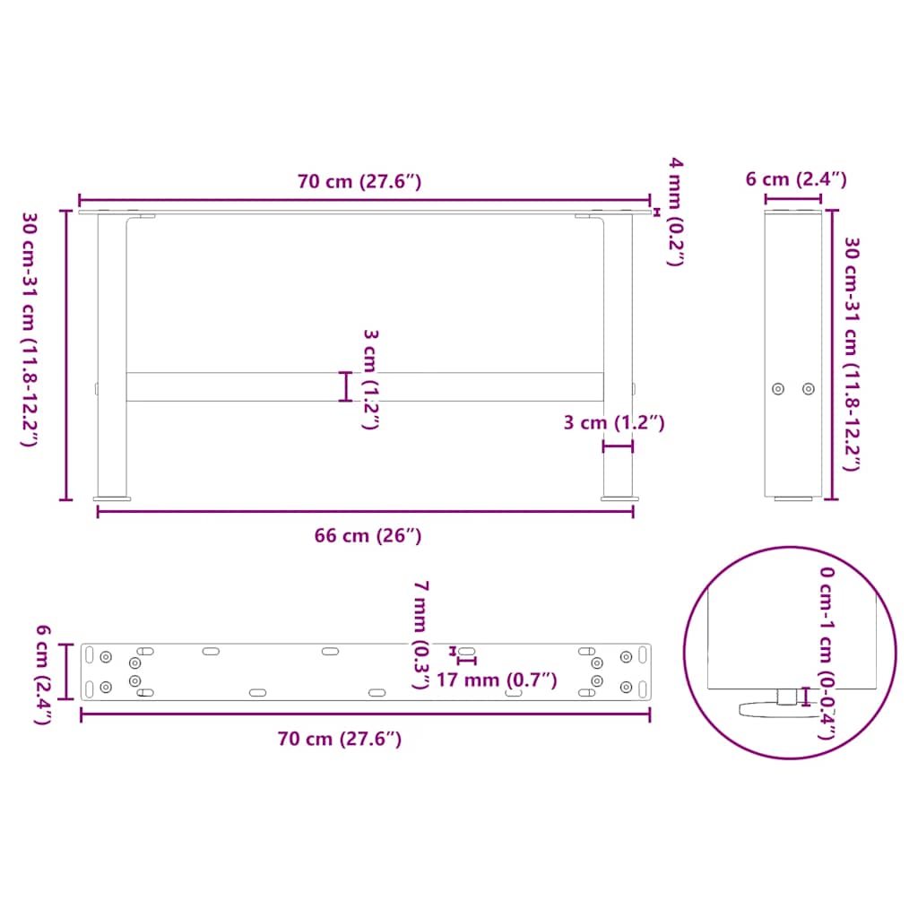vidaXL Couchtischbeine Schwarz 2 Stk. 70x(30-31) cm Stahl
