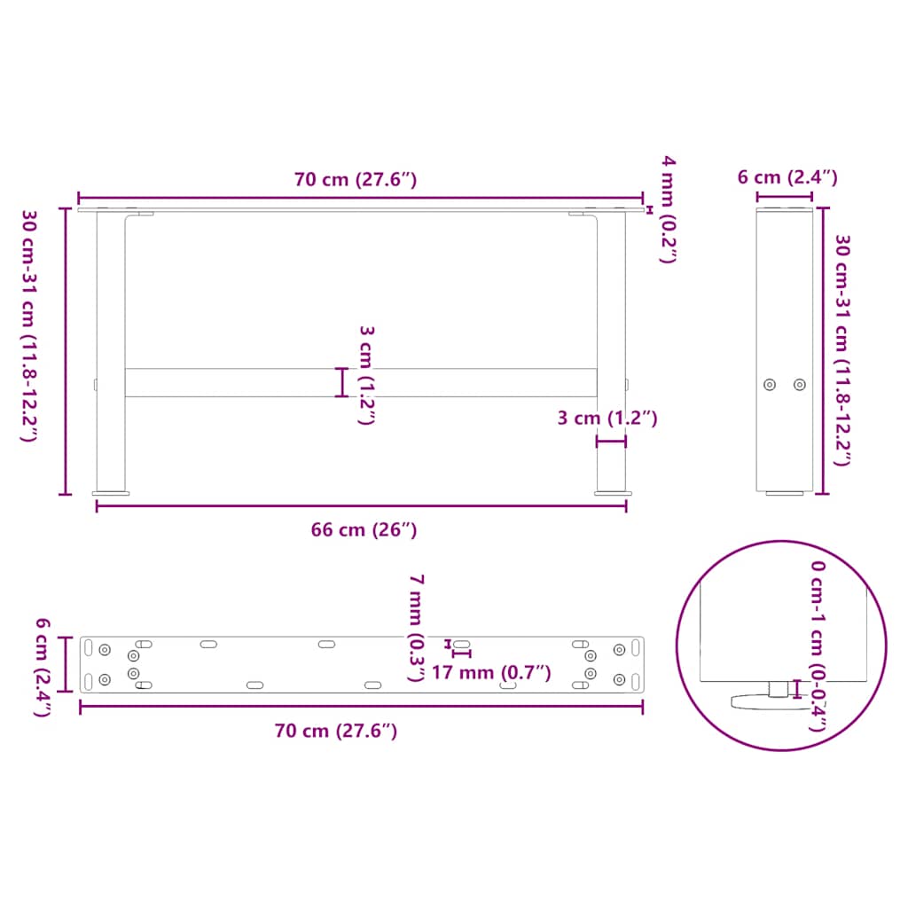 vidaXL Couchtischbeine Naturstahl 2 Stk. 70x(30-31) cm Stahl