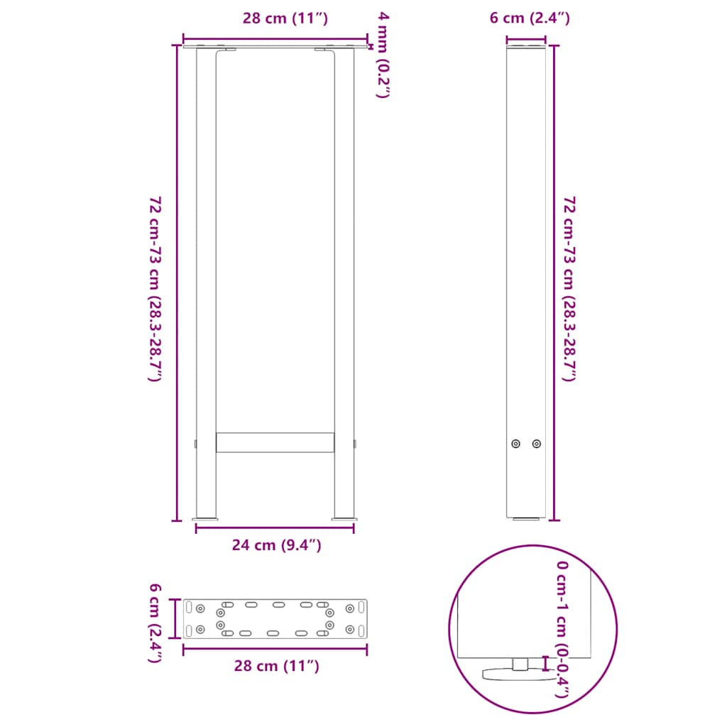 vidaXL Konsolentischbeine Naturstahl 2 Stk. 28x(72-73) cm Stahl