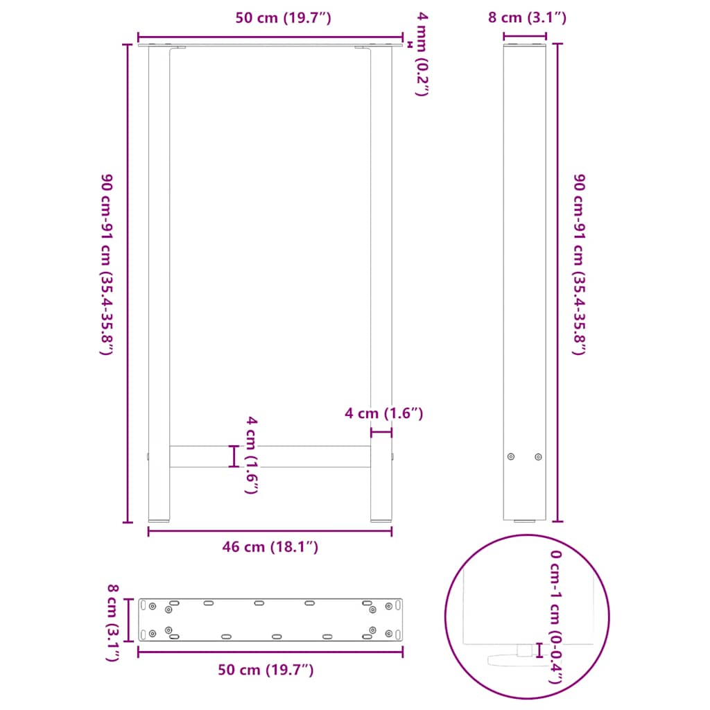 vidaXL Bartischbeine Schwarz 2 Stk. 50x(90-91) cm Stahl
