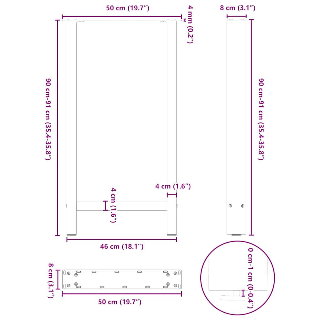 vidaXL Bartischbeine Naturstahl 2 Stk. 50x(90-91) cm Stahl