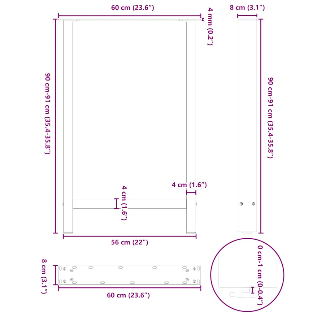 vidaXL Bartischbeine Weiß 2 Stk. 60x(90-91) cm Stahl