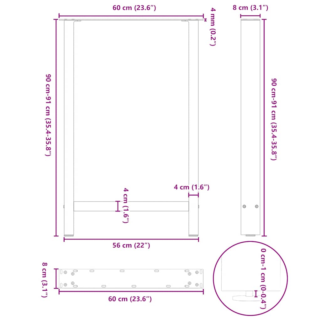vidaXL Bartischbeine Naturstahl 2 Stk. 60x(90-91) cm Stahl