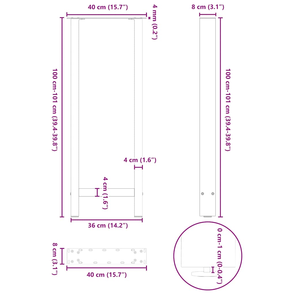 vidaXL Bartischbeine Schwarz 2 Stk. 40x(100-101) cm Stahl