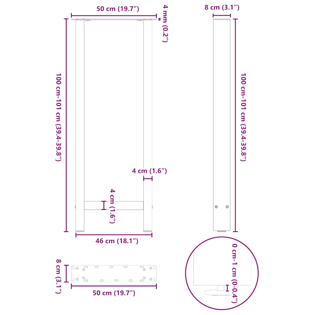 vidaXL Bartischbeine Anthrazit 2 Stk. 50x(100-101) cm Stahl