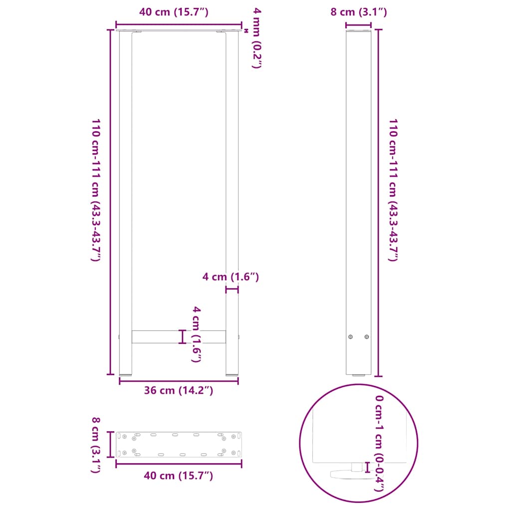 vidaXL Bartischbeine Schwarz 2 Stk. 40x(110-111) cm Stahl