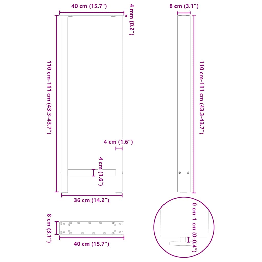 vidaXL Bartischbeine Weiß 2 Stk. 40x(110-111) cm Stahl