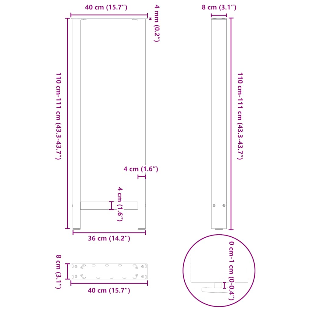 vidaXL Bartischbeine Anthrazit 2 Stk. 40x(110-111) cm Stahl