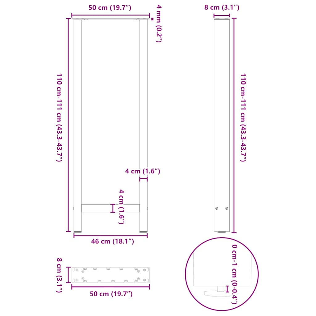 vidaXL Bartischbeine Naturstahl 2 Stk. 50x(110-111) cm Stahl