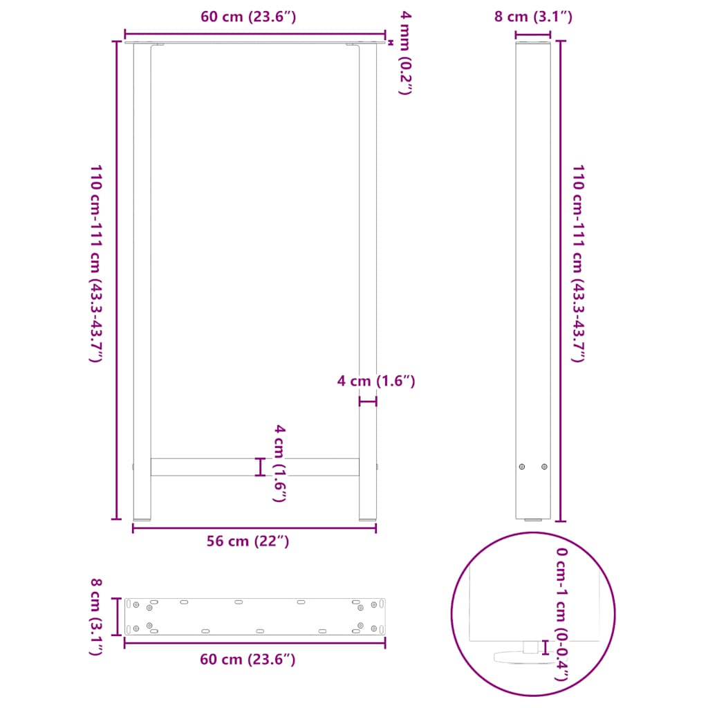 vidaXL Bartischbeine Weiß 2 Stk. 60x(110-111) cm Stahl