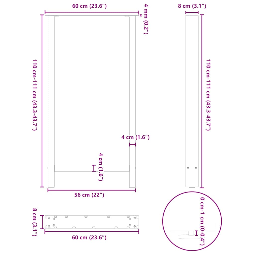 vidaXL Pieds de table de bar Acier brut 2 pcs 60x(110-111) cm Acier