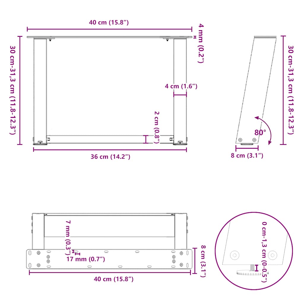 vidaXL Couchtischbeine U-Form 2 Stk. Schwarz 40x(30-31) cm Stahl