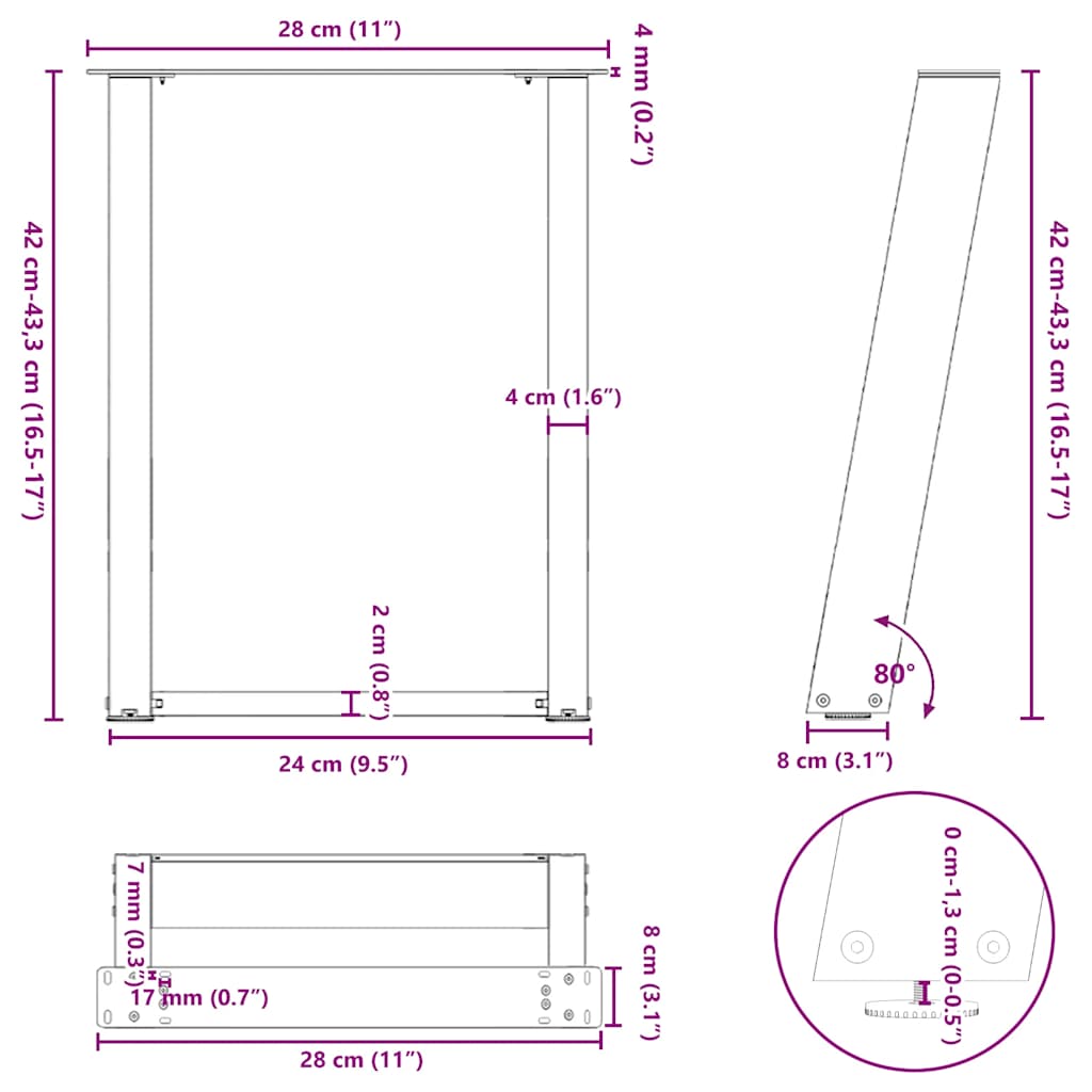 vidaXL Pieds de table basse en U 2 pcs Anthracite 28x(42-43) cm Acier