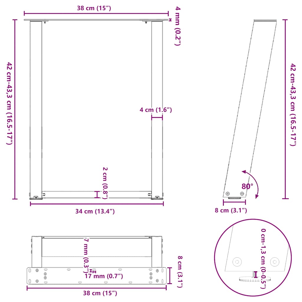 vidaXL Pieds de table basse en forme de U 2 pcs Noir 38x(42-43) cm Acier