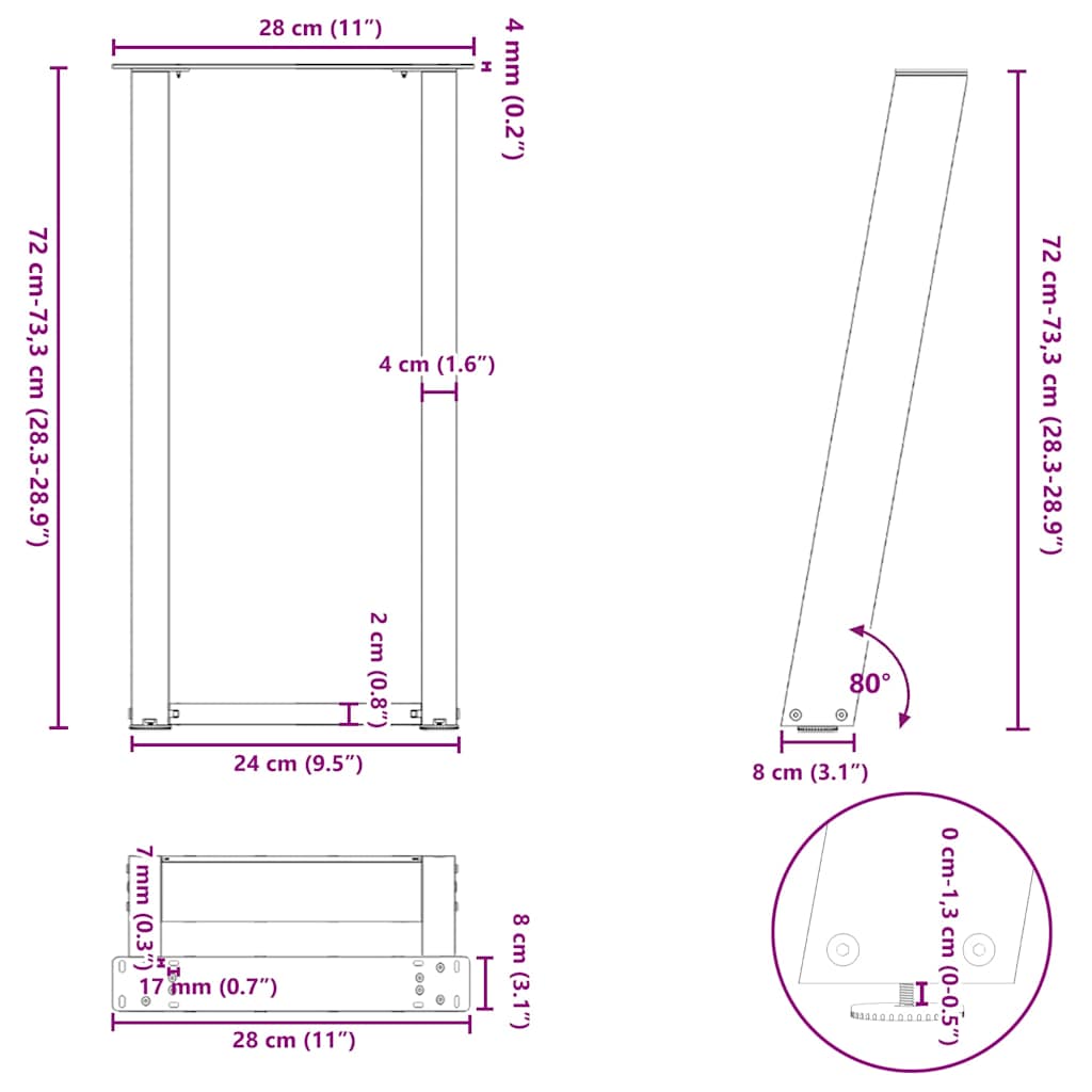 vidaXL Konsolentischbeine U-Form 2 Stk. Anthrazit 28x(72-73) cm Stahl