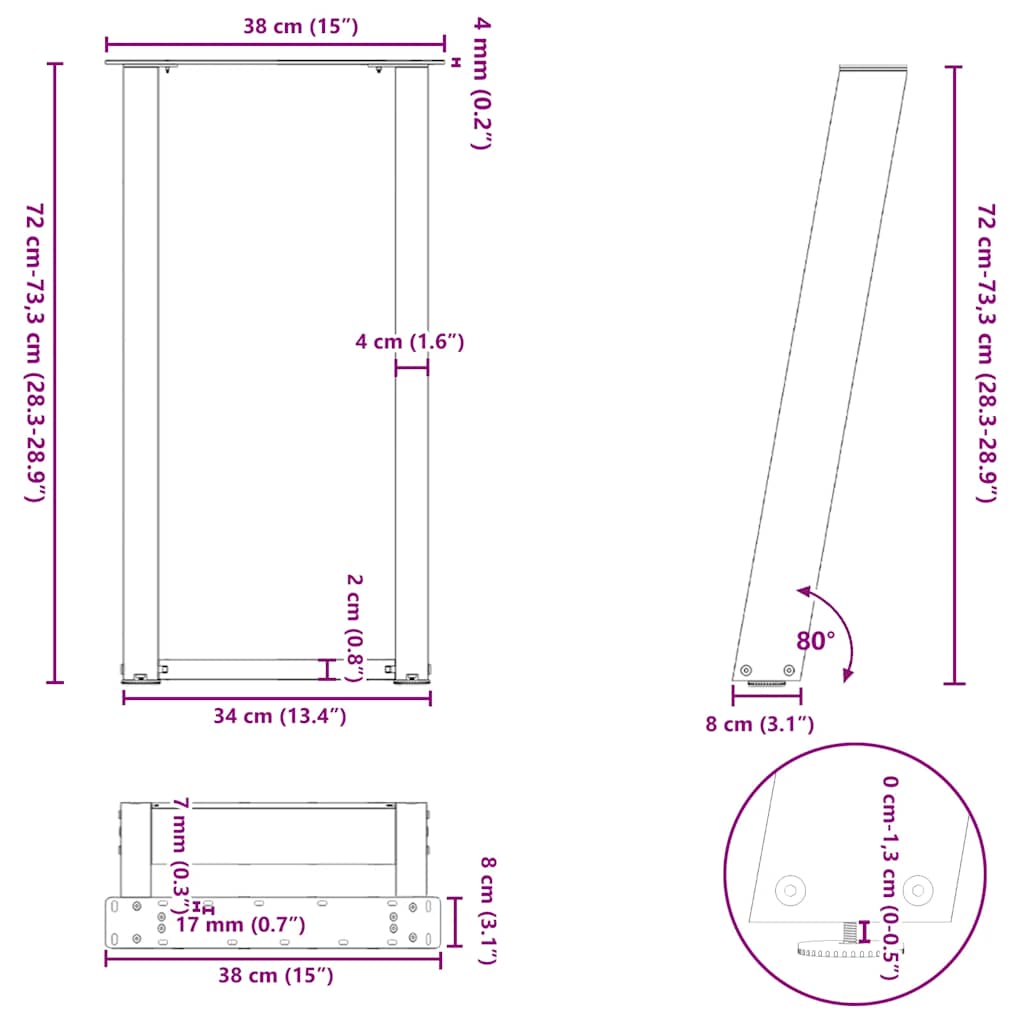 vidaXL Konsolentischbeine U-Form 2 Stk. Naturstahl 38x(72-73) cm Stahl