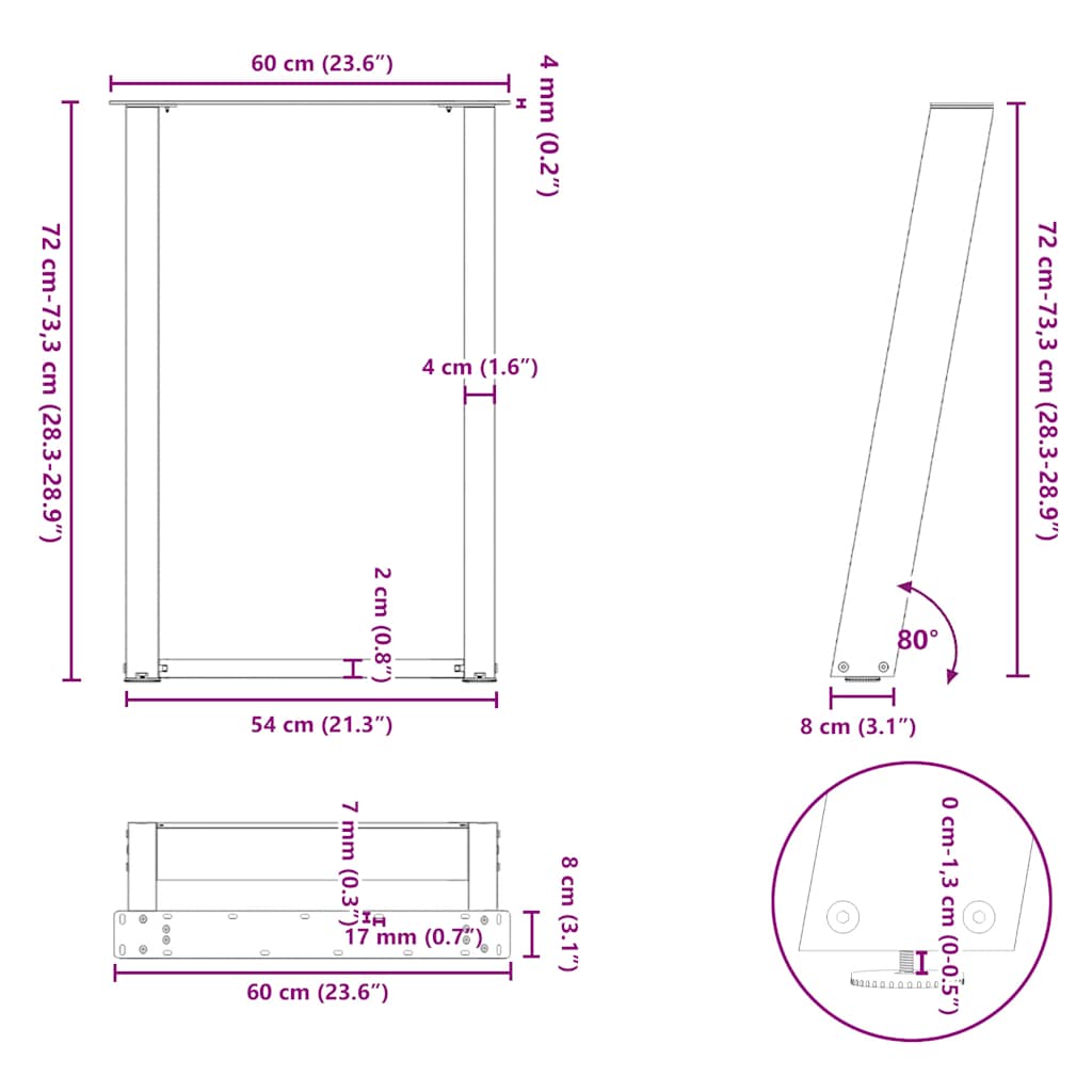 vidaXL Pieds de table à manger en U 2 pcs Noir 60x(72-73) cm Acier