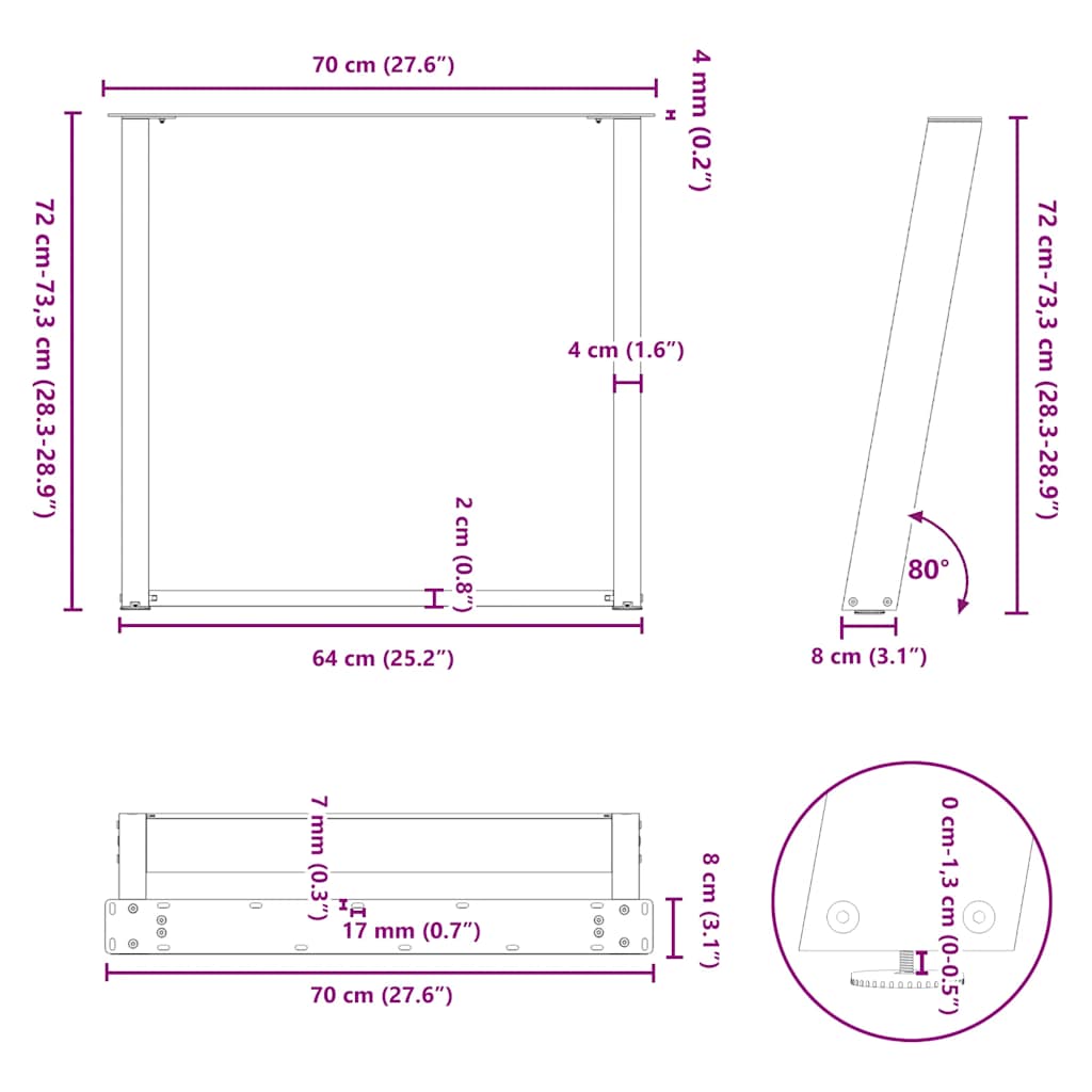 vidaXL Esstischbeine U-Form 2 Stk. Schwarz 70x(72-73) cm Stahl