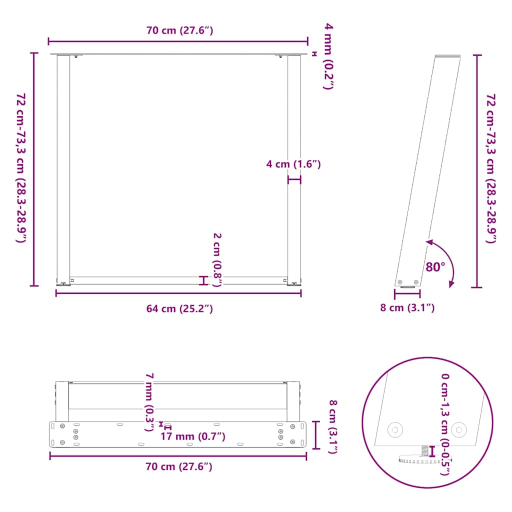 vidaXL Esstischbeine U-Form 2 Stk. Naturstahl 70x(72-73) cm Stahl