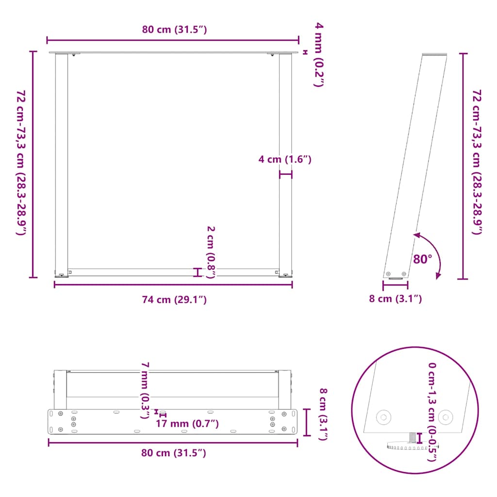 vidaXL Esstischbeine U-Form 2 Stk. Schwarz 80x(72-73) cm Stahl