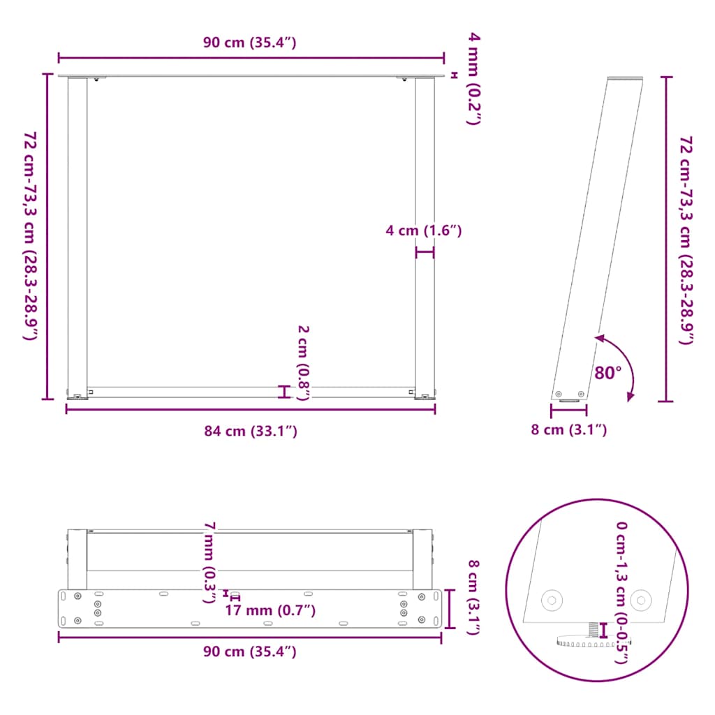 vidaXL Esstischbeine U-Form 2 Stk. Schwarz 90x(72-73) cm Stahl