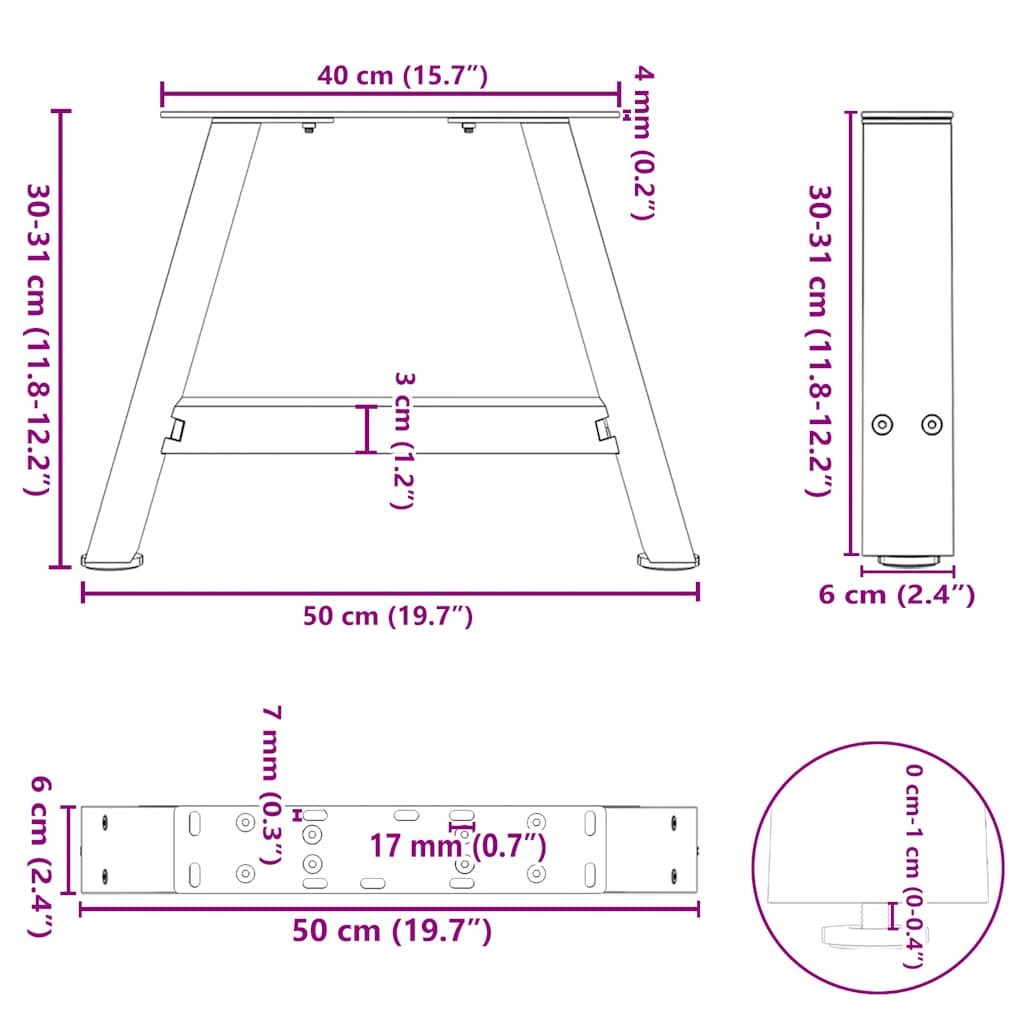 vidaXL Couchtischbeine A-Form 2 Stk. 50x(30-31) cm Stahl