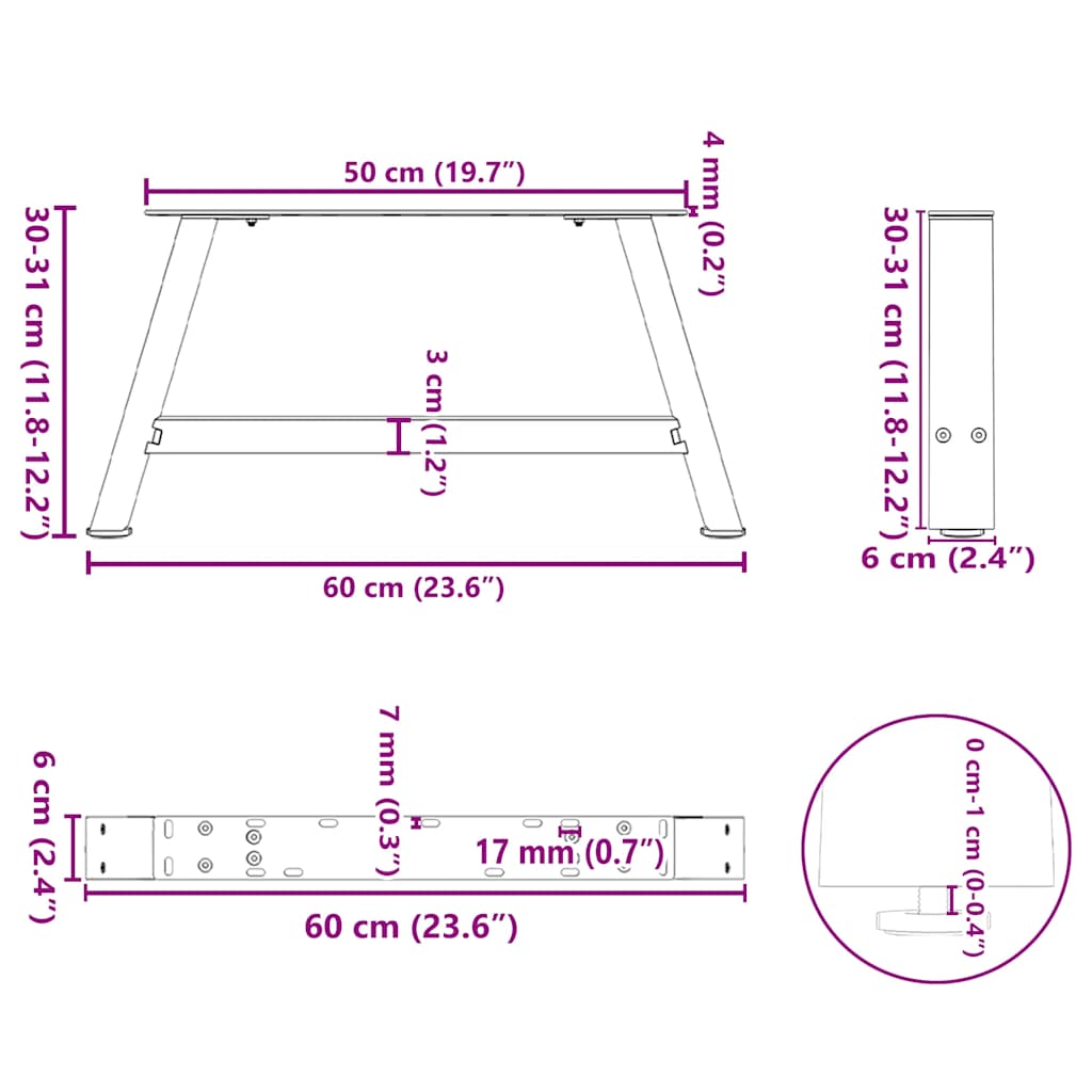 vidaXL Couchtischbeine A-Form 2 Stk. Weiß 60x(30-31) cm Stahl