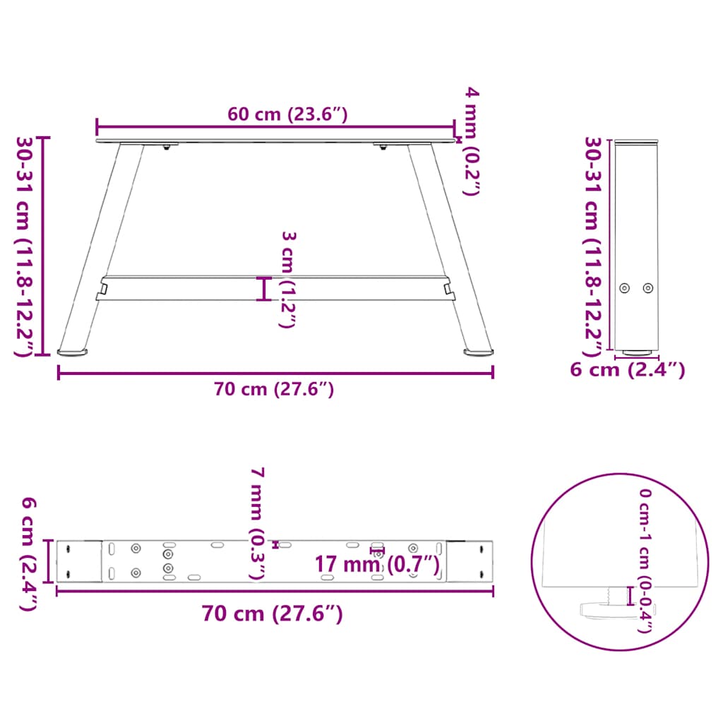 vidaXL Couchtischbeine A-Form 2 Stk. Schwarz 70x(30-31) cm Stahl