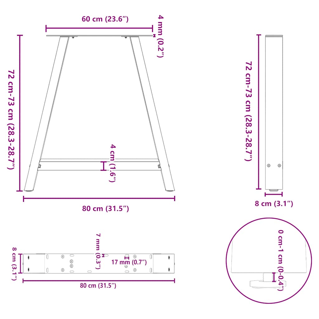 vidaXL Pieds de table à manger en forme de A 2 pcs Anthracite 80x(72-73) cm Acier