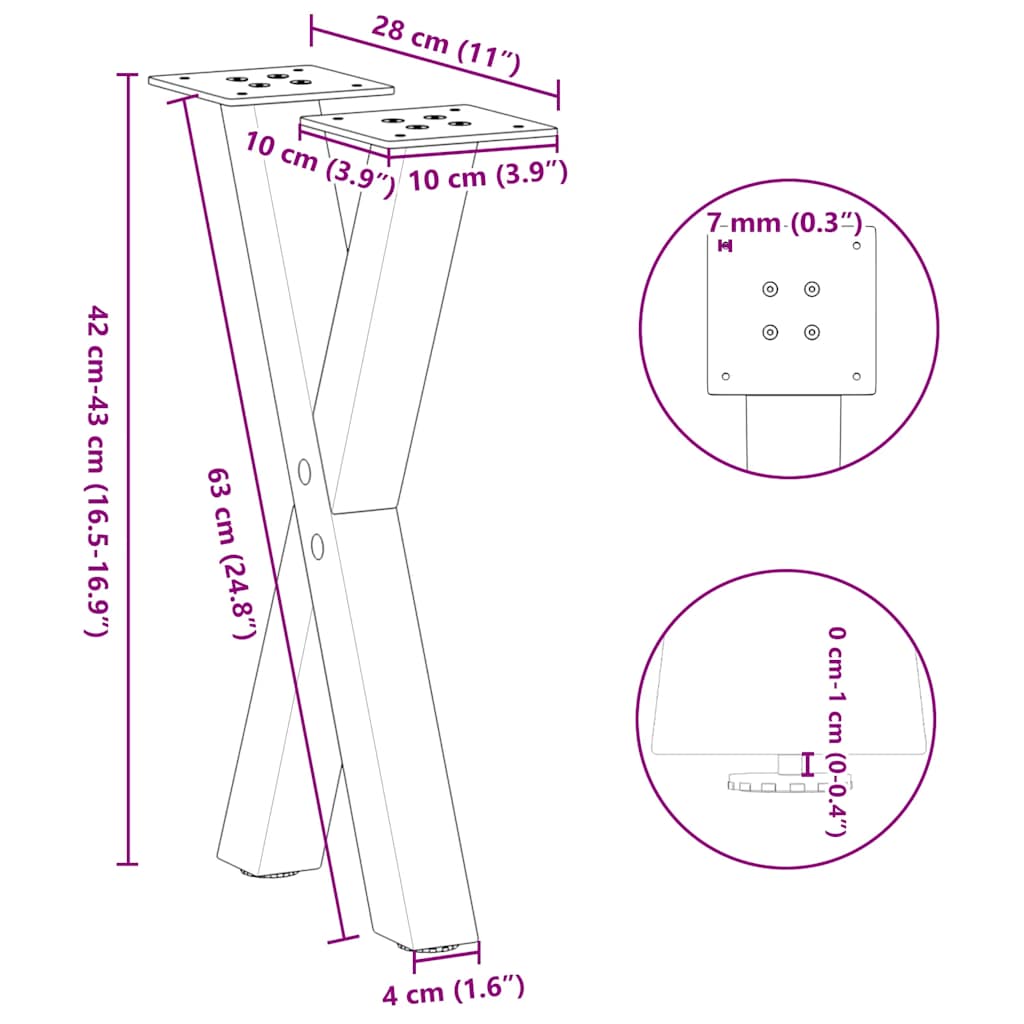 vidaXL Pieds de table basse en X 2 pcs Blanc 28x(42-43) cm Acier