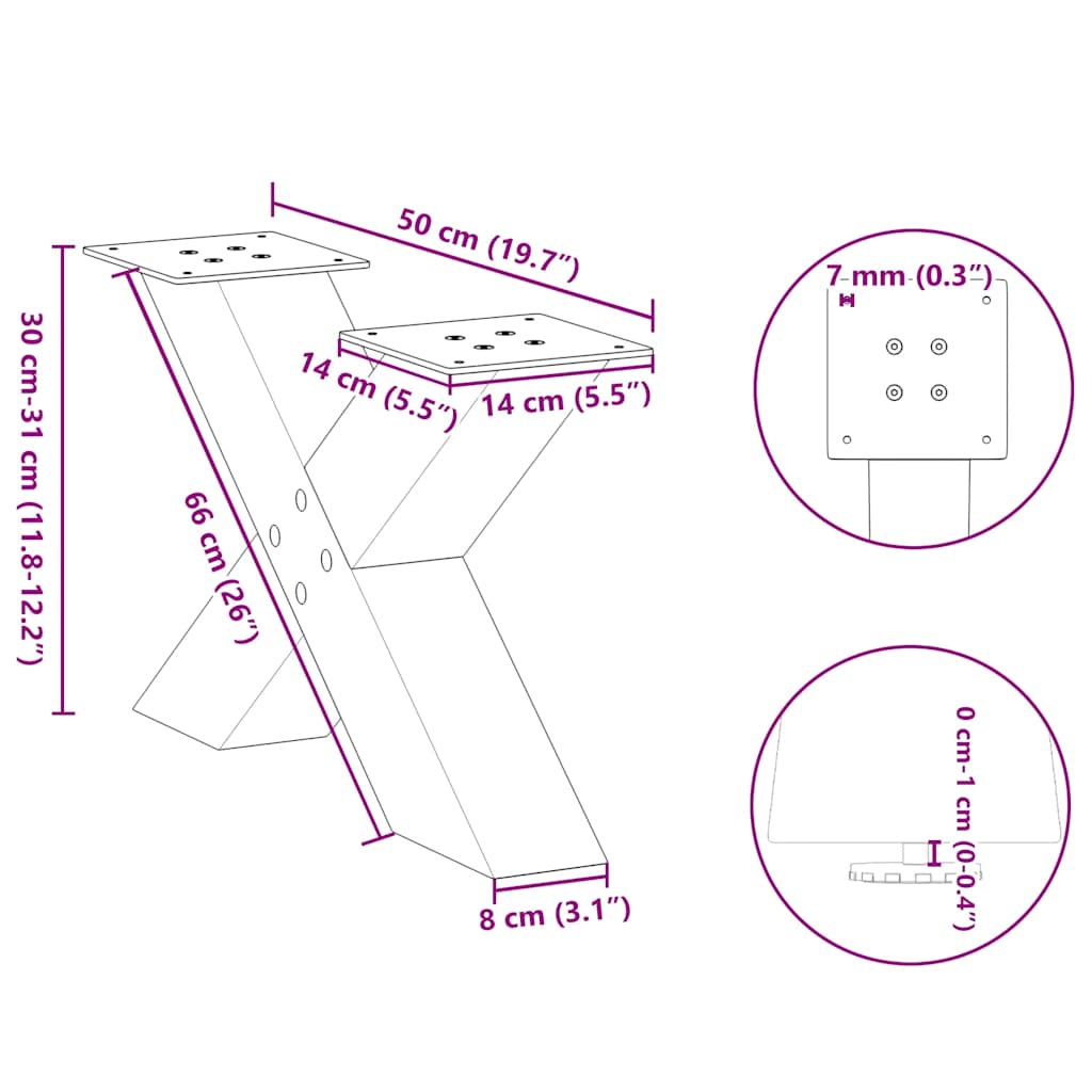 vidaXL Couchtischbeine X-Form 2 Stk. Naturstahl 50x(30-31) cm Stahl